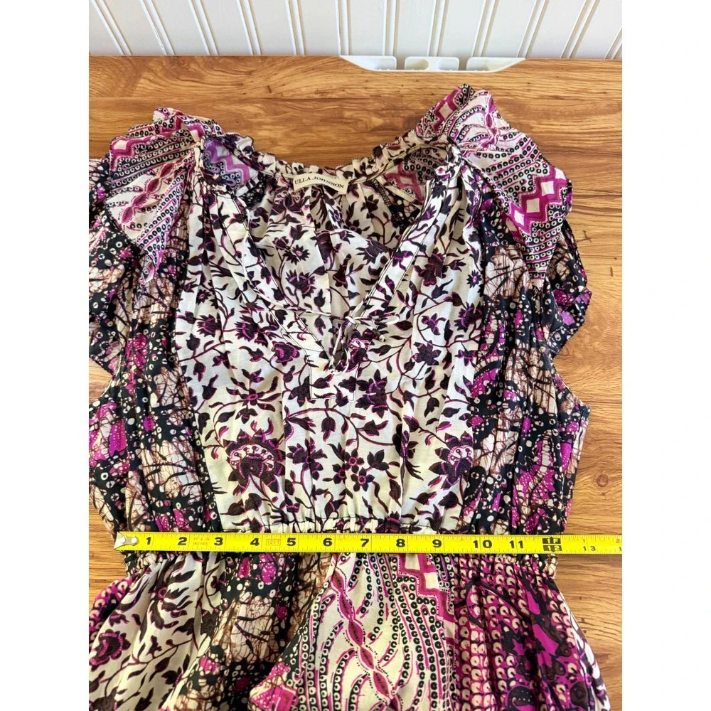 Ulla Johnson Asis Midi Dress Cotton Silk Batik Floral Tiered Purple Fuchsia 0